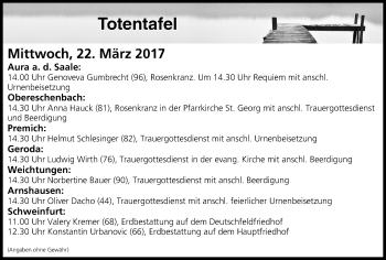 Anzeige von Totentafel vom 22.03.2017 von MGO