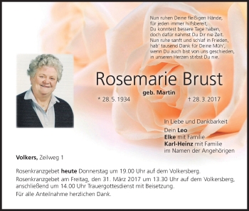 Anzeige von Rosemarie Brust von MGO