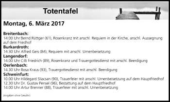Anzeige von Totentafel vom 06.03.2017 von MGO