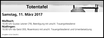 Anzeige von Totentafel vom 11.03.2017 von MGO