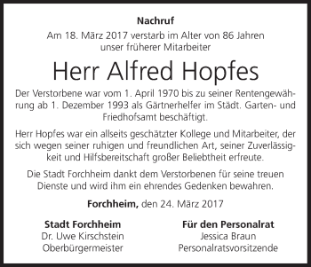 Anzeige von Alfred Hopfes von MGO