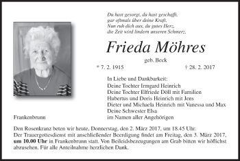 Anzeige von Frieda Möhres von MGO