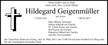 Anzeige von Hildegard Geigenmüller von MGO