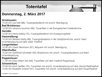 Anzeige von Totentafel vom 02.03.2017 von MGO