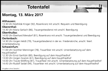 Anzeige von Totentafel vom 13.03.2017 von MGO