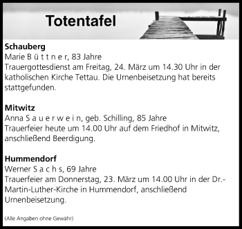 Anzeige von Totentafel vom 22.03.2017 von MGO