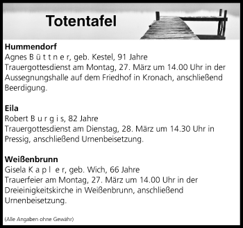 Anzeige von Totentafel vom 25.03.2017 von MGO