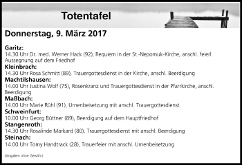 Anzeige von Totentafel vom 09.03.2017 von MGO
