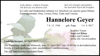 Anzeige von Hannelore Geyer von MGO