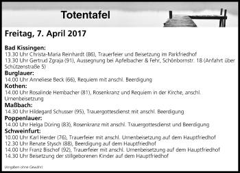 Anzeige von Totentafel vom 07.04.2017 von MGO