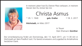 Anzeige von Christa Asmus von MGO