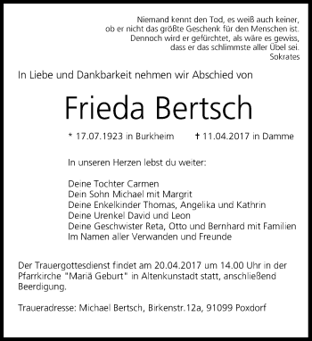 Anzeige von Frieda Bertsch von MGO