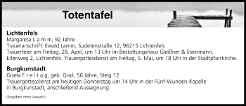 Anzeige von Totentafel vom 27.04.2017 von MGO