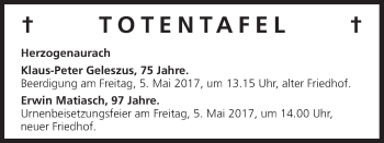 Anzeige von Totentafel vom 29.04.2017 von MGO
