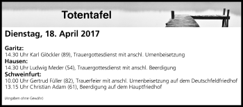Anzeige von Totentafel vom 18.04.2017 von MGO
