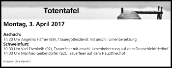 Anzeige von Totentafel vom 03.04.2017 von MGO