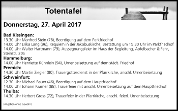 Anzeige von Totentafel vom 27.04.2017 von MGO