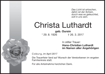 Anzeige von Christa Luthardt von MGO