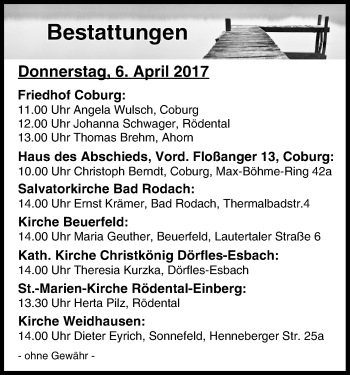 Anzeige von Bestattungen vom 06.04.2017 von MGO
