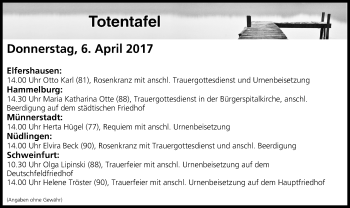 Anzeige von Totentafel vom 06.04.2017 von MGO