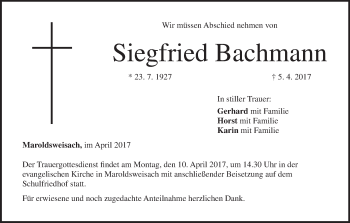 Anzeige von Siegfried Bachmann von MGO