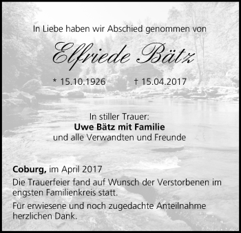 Anzeige von Elfriede Bätz von MGO