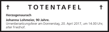 Anzeige von Totentafel vom 19.04.2017 von MGO