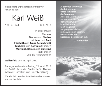 Anzeige von Karl Weiß von MGO