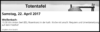 Anzeige von Totentafel vom 22.04.2017 von MGO