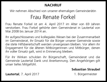 Anzeige von Renate Forkel von MGO