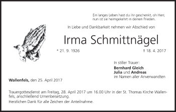 Anzeige von Irma Schmittnägel von MGO
