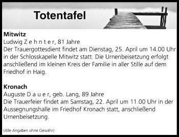 Anzeige von Totentafel vom 22.04.2017 von MGO