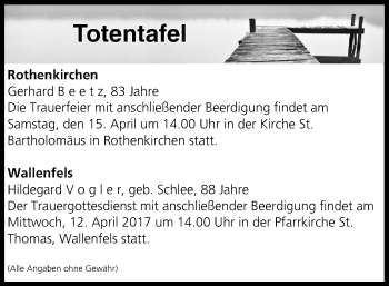 Anzeige von Totentafel vom 12.04.2017 von MGO