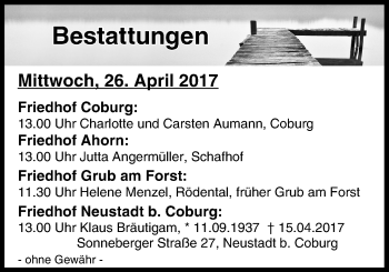 Anzeige von Bestattungen vom 26.04.2017 von MGO