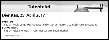 Anzeige von Totentafel vom 25.04.2017 von MGO