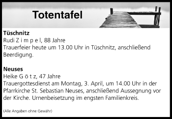 Anzeige von Totentafel vom 01.04.2017 von MGO