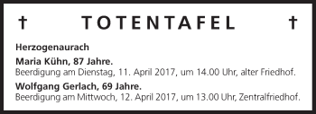 Anzeige von Totentafel vom 08.04.2017 von MGO