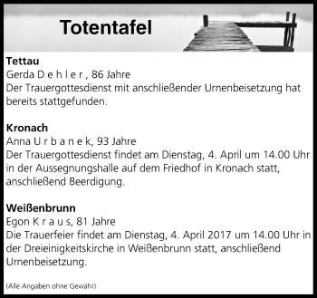Anzeige von Totentafel vom 04.04.2017 von MGO