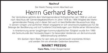 Anzeige von Gerhard Beetz von MGO