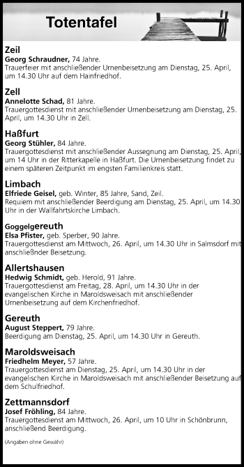 Anzeige von Totentafel vom 25.04.2017 von MGO