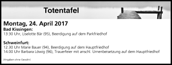 Anzeige von Totentafel vom 24.04.2017 von MGO