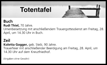Anzeige von Totentafel vom 27.04.2017 von MGO