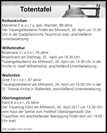 Anzeige von Totentafel vom 25.04.2017 von MGO