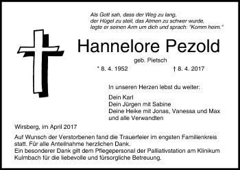 Anzeige von Hannelore Pezold von MGO