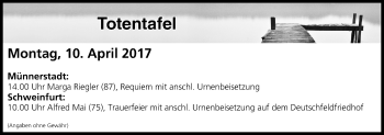 Anzeige von Totentafel vom 10.04.2017 von MGO