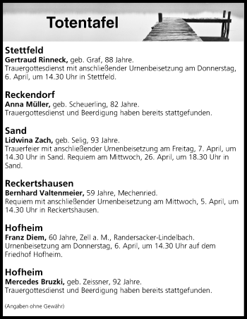 Anzeige von Totentafel vom 01.04.2017 von MGO