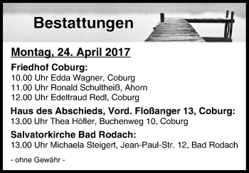 Anzeige von Bestattungen vom 24.04.2017 von MGO