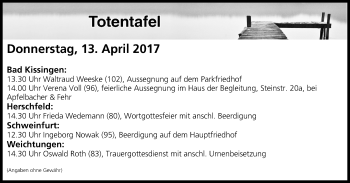 Anzeige von Totentafel vom 13.04.2017 von MGO