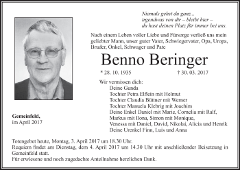 Anzeige von Benno Beringer von MGO