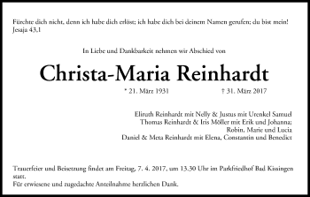 Anzeige von Christa-Maria Reinhardt von MGO